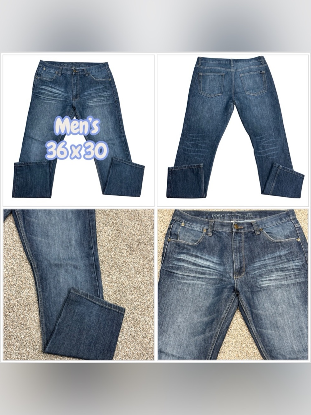 Mens PD&C 36 x 30 Pants Jeans Navy Blue Denim Straight Fading Thighs Relaxed
